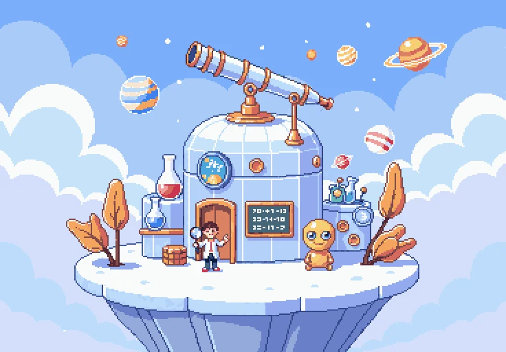 MathQuest: a floating observatory lab with a telescope, beakers and a robot helper
